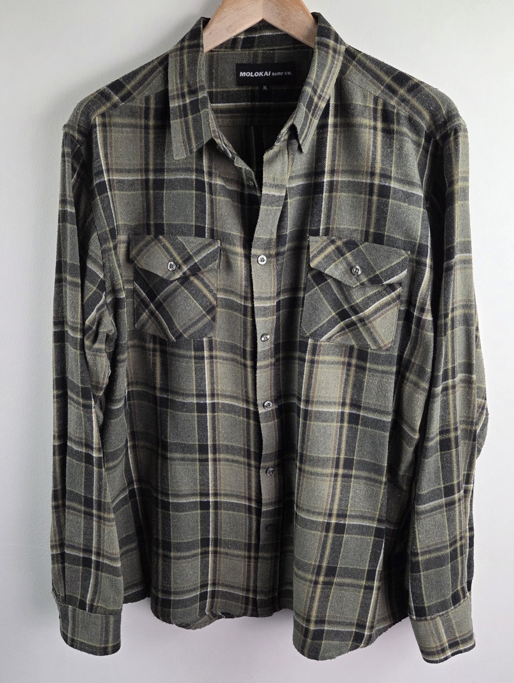 Molokai Surf Co Flannel Shirt Mens XL Green Long Sleeve Button Up Plaid
